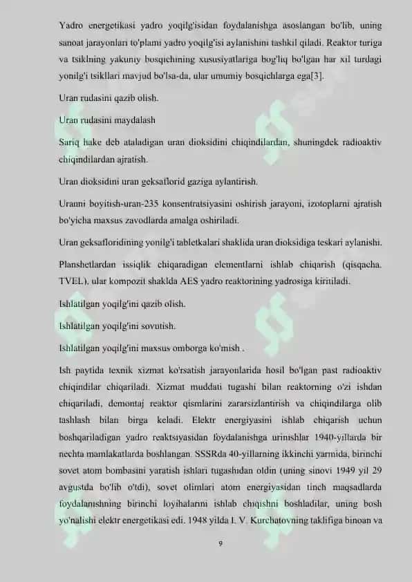 Atom elektrostansiyalar va zanjirli yadro reaksiyalari haqida 8