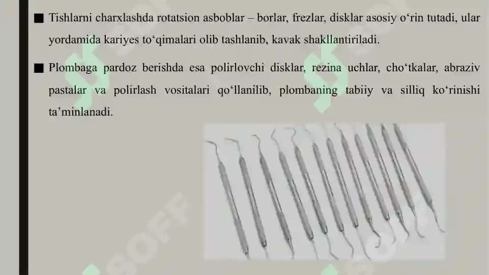 Tishlarni charxlashda ishlatiladigan rotatsion asboblar. Borlar Plombaga pardoz berishda foydalaniladigan asbob va ashyolar 5