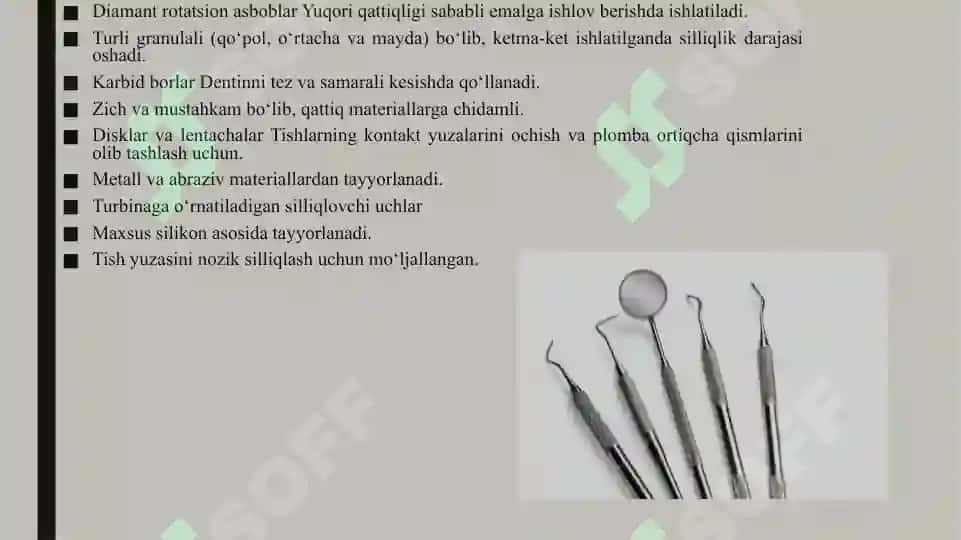 Tishlarni charxlashda ishlatiladigan rotatsion asboblar. Borlar Plombaga pardoz berishda foydalaniladigan asbob va ashyolar 7