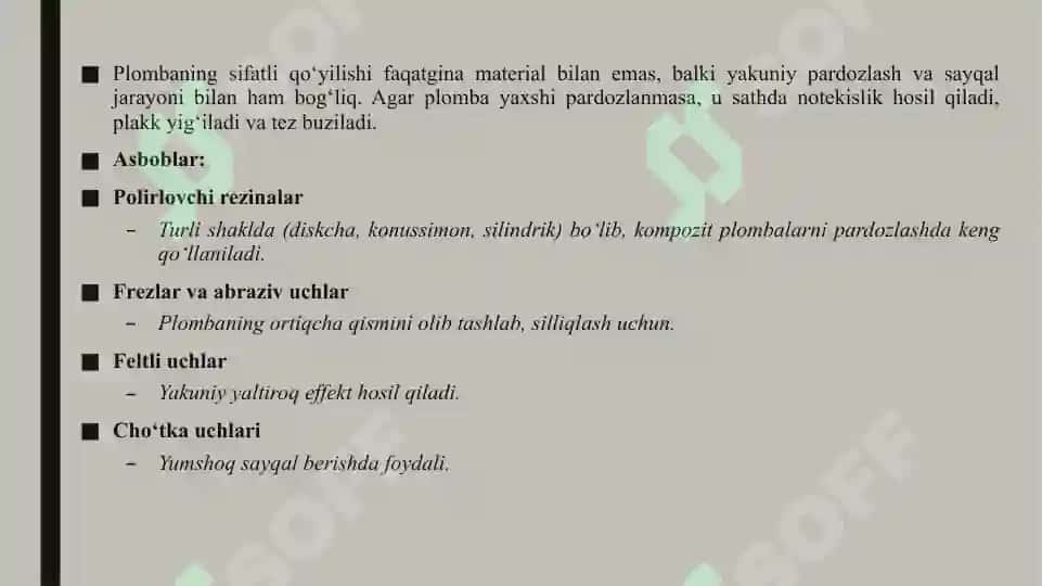 Tishlarni charxlashda ishlatiladigan rotatsion asboblar. Borlar Plombaga pardoz berishda foydalaniladigan asbob va ashyolar 8