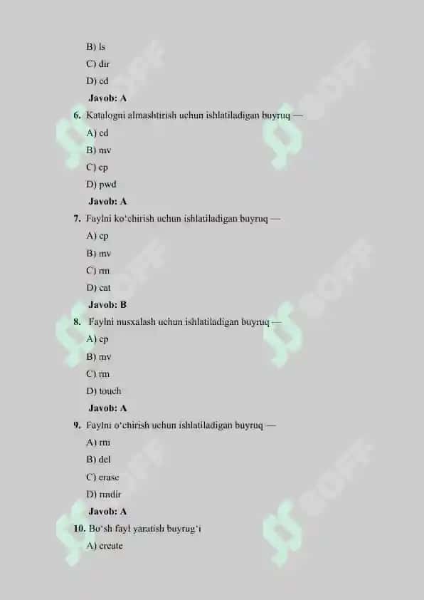 LINUX OPERATSION TIZIMIDA BUYRUQLAR QATORI BOʻYICHA 50-TA TEST SAVOLLARI VA JAVOBLARI BILAN 2