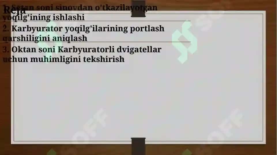 Karbyurator yoqilg‘ilarini detonatsiyaga chidamliligini aniqlash. Oktan soni 2