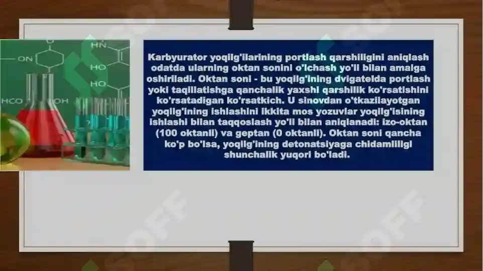 Karbyurator yoqilg‘ilarini detonatsiyaga chidamliligini aniqlash. Oktan soni 3