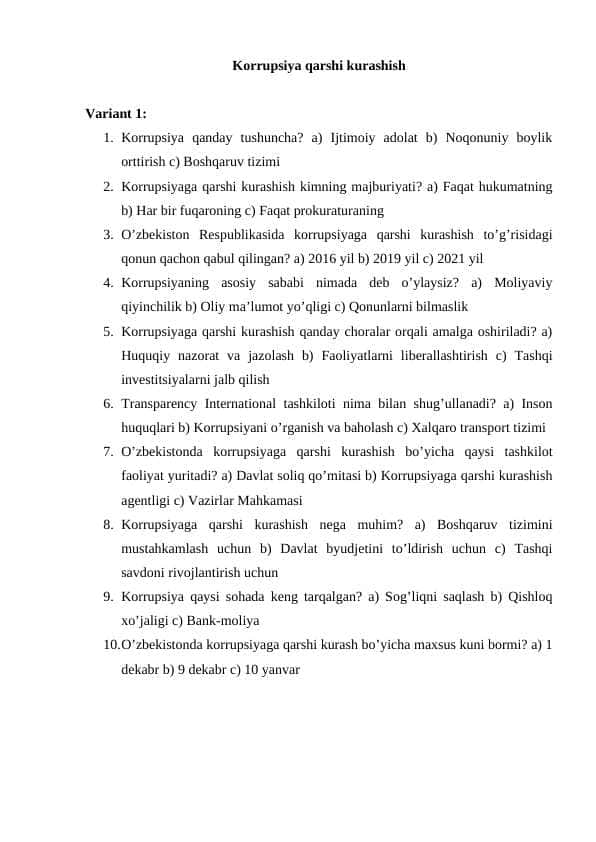 Korrupsiya qarshi kurashish test