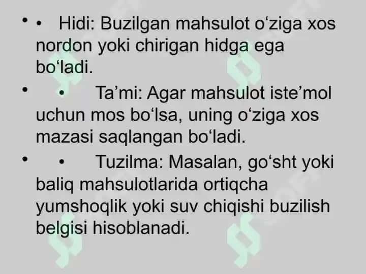 Tez buziluvchi ovqat mahsulotlarining to’la sifatliligini baholash 6