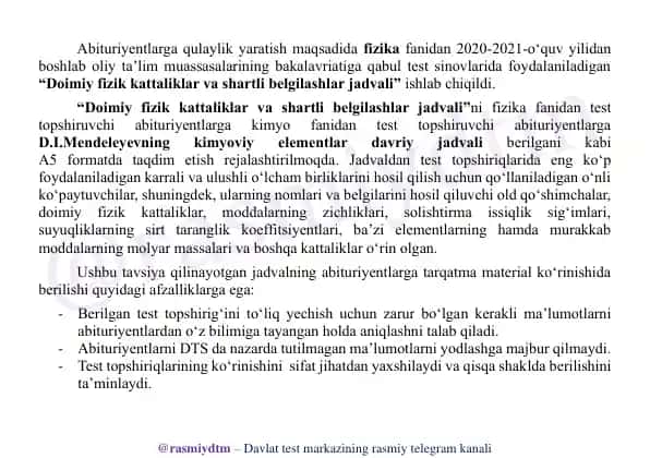"Doimiy fizik kattaliklar va shartli belgilashlar jadvali"