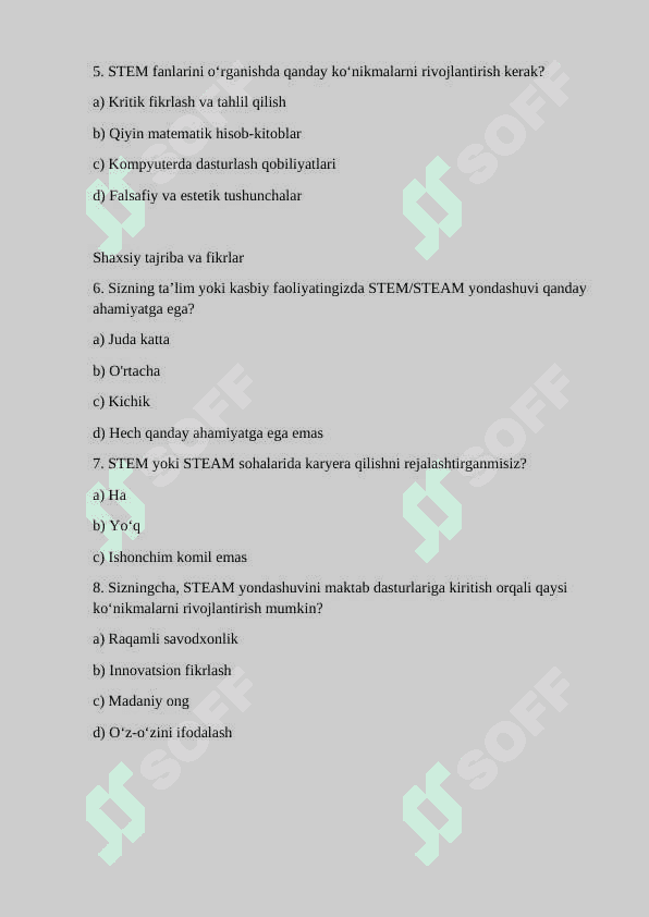 STEM va STEAM haqida umumiy savollar 2