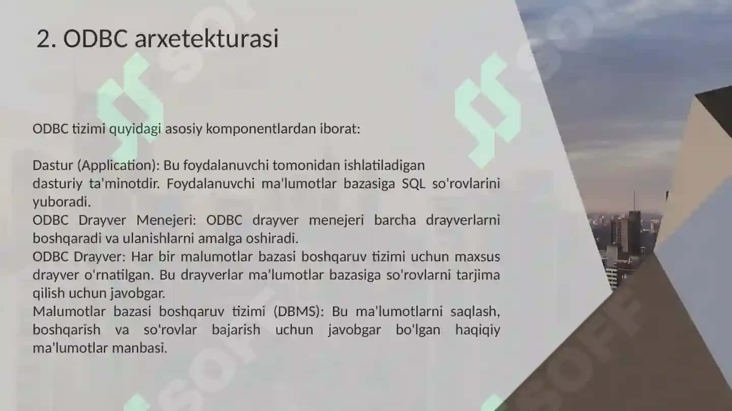 Ochiq ma’lumotlar bazasi aloqasi (ODBC) interfeysi 6