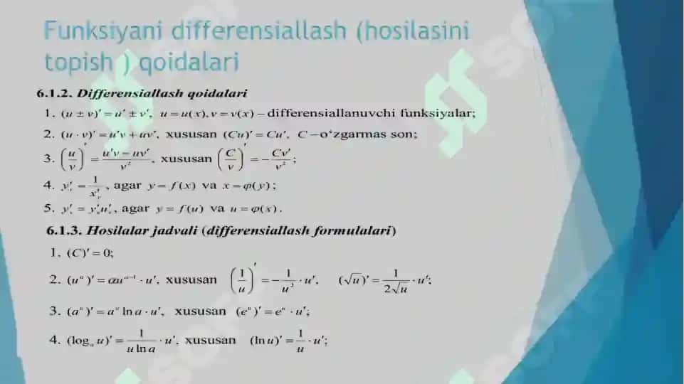 Funksiya hosilasi elementar funksiyalar 7