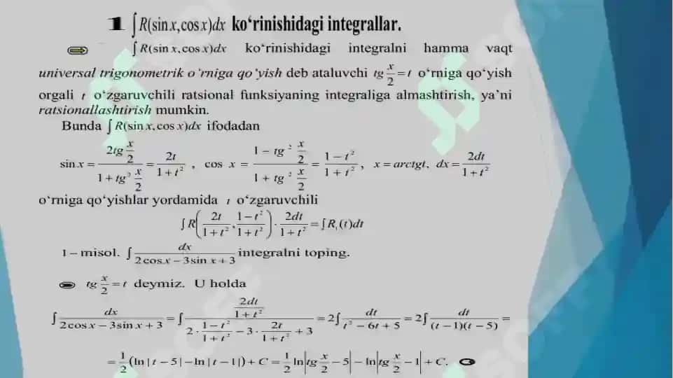 Trigonometrik funksiyalar qatnashgan ba’zi integrallarni integrallash. Ba’zi bir irratsional ifodalarni integrallash 4