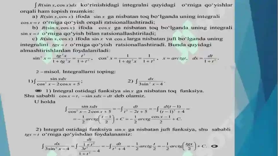 Trigonometrik funksiyalar qatnashgan ba’zi integrallarni integrallash. Ba’zi bir irratsional ifodalarni integrallash 5