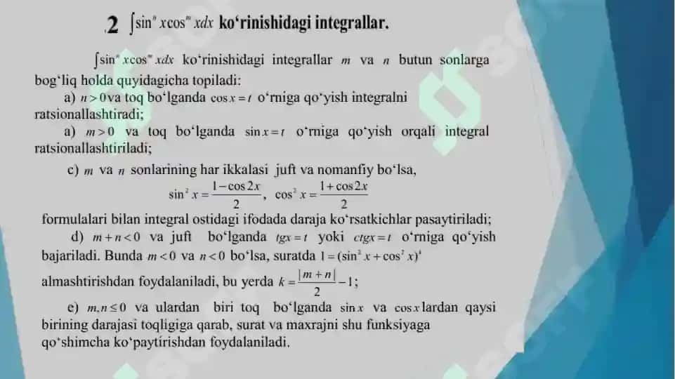 Trigonometrik funksiyalar qatnashgan ba’zi integrallarni integrallash. Ba’zi bir irratsional ifodalarni integrallash 6