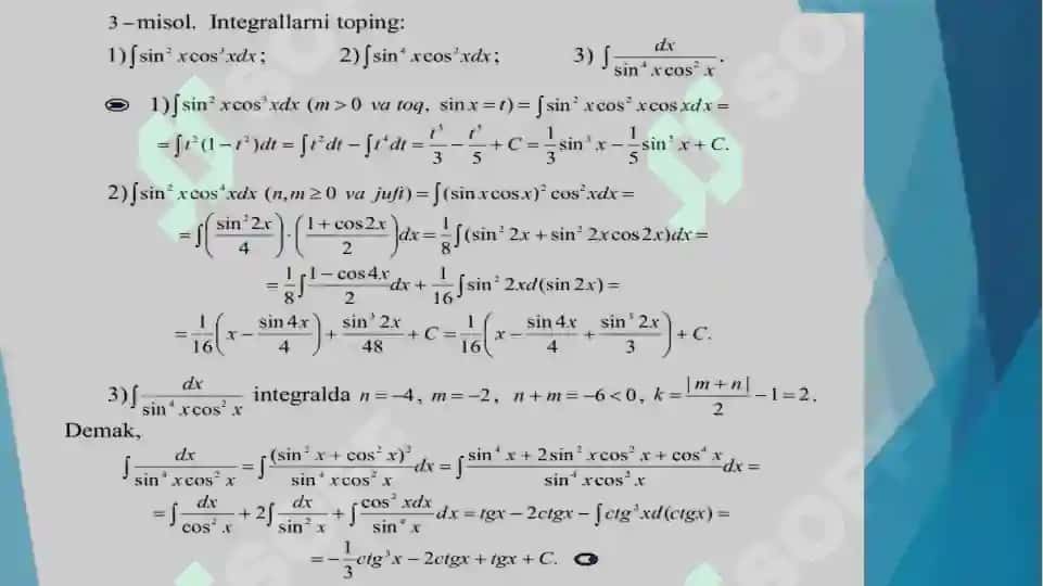 Trigonometrik funksiyalar qatnashgan ba’zi integrallarni integrallash. Ba’zi bir irratsional ifodalarni integrallash 7