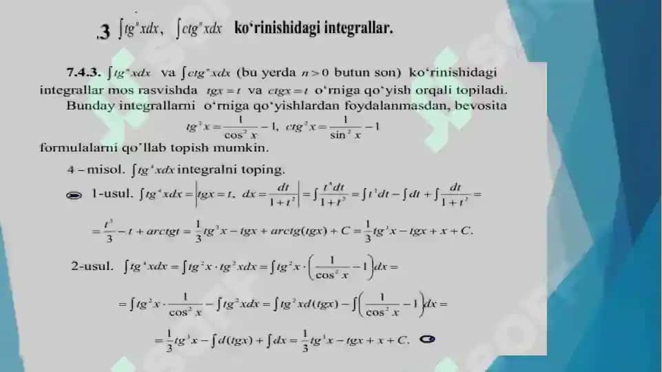 Trigonometrik funksiyalar qatnashgan ba’zi integrallarni integrallash. Ba’zi bir irratsional ifodalarni integrallash 8