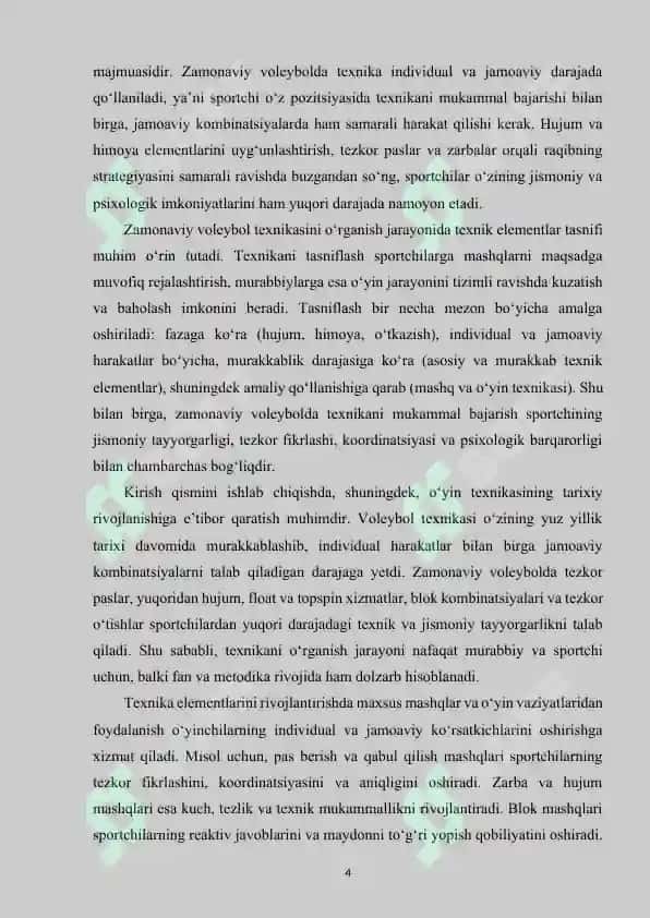 Zamonaviy voleybol  o‘yin texnikasi va uning tasnifi. 4
