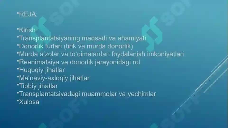 Murda a’zo va to‘qimalarning transplantatsiya maqsadida qo‘llanilishi. Reanimatsiya vatransplantatsiyaning huquqiy, ma’naviy va tibbiyjihatlari 2
