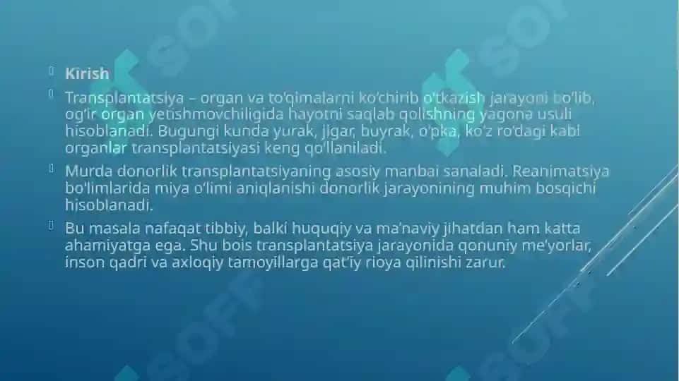 Murda a’zo va to‘qimalarning transplantatsiya maqsadida qo‘llanilishi. Reanimatsiya vatransplantatsiyaning huquqiy, ma’naviy va tibbiyjihatlari 3