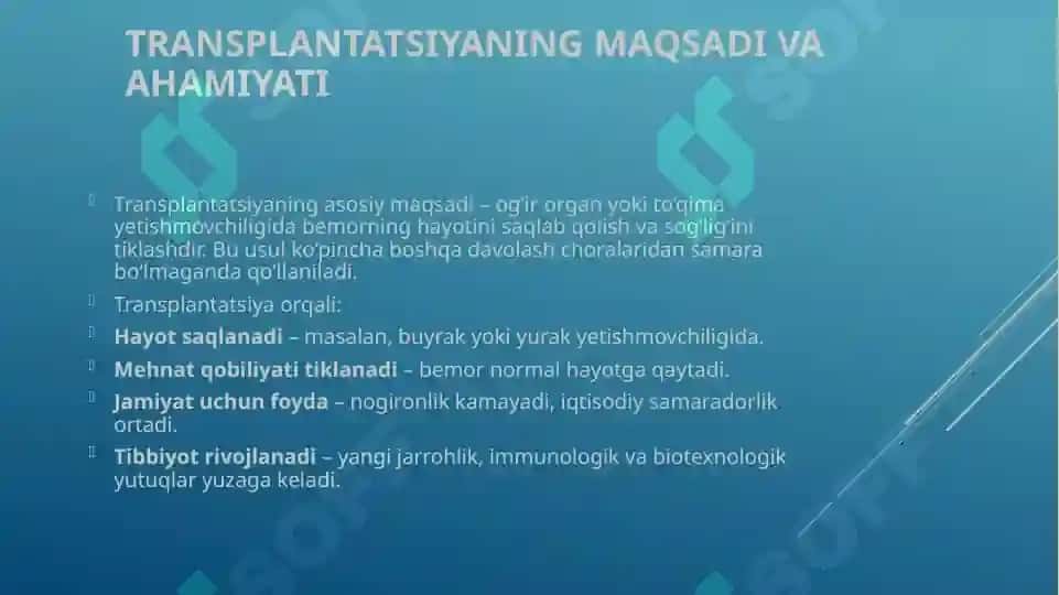 Murda a’zo va to‘qimalarning transplantatsiya maqsadida qo‘llanilishi. Reanimatsiya vatransplantatsiyaning huquqiy, ma’naviy va tibbiyjihatlari 4