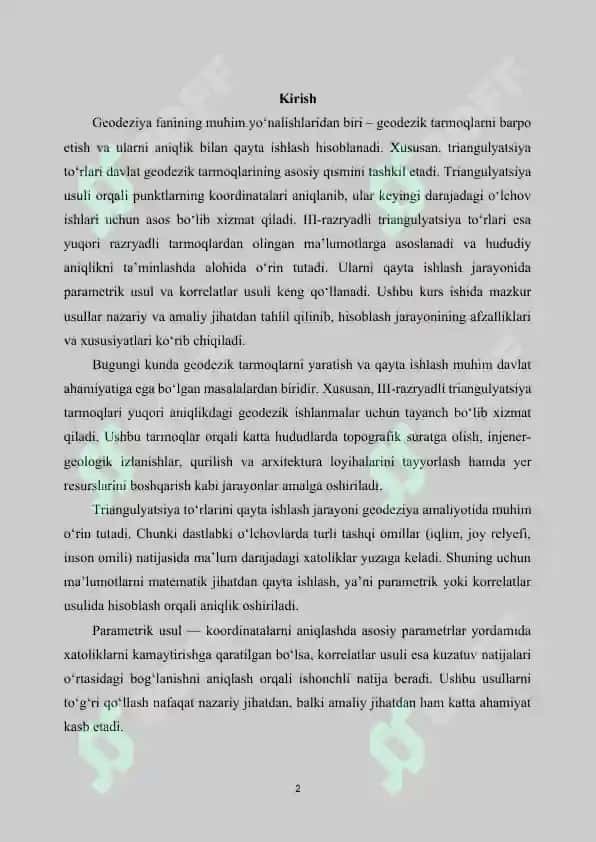 III- RAZRYADLI TRIANGULYATSIYA TO’RINI QAYTA ISHLASH  VA ULARNI HISOBLASH USULLARI. PARAMETRIK VA KORRELATLAR USULI 2