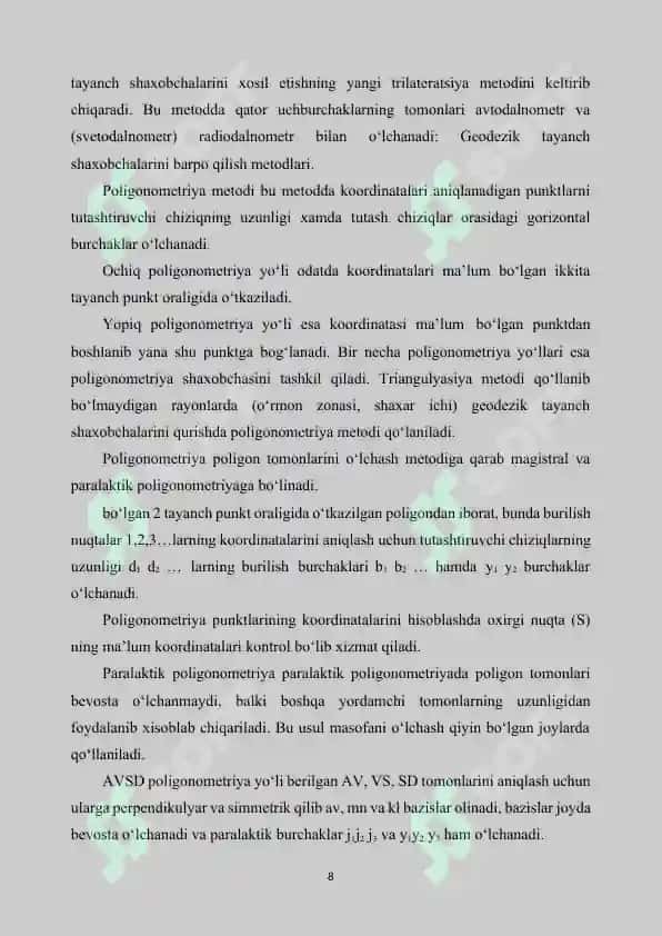 III- RAZRYADLI TRIANGULYATSIYA TO’RINI QAYTA ISHLASH  VA ULARNI HISOBLASH USULLARI. PARAMETRIK VA KORRELATLAR USULI 8
