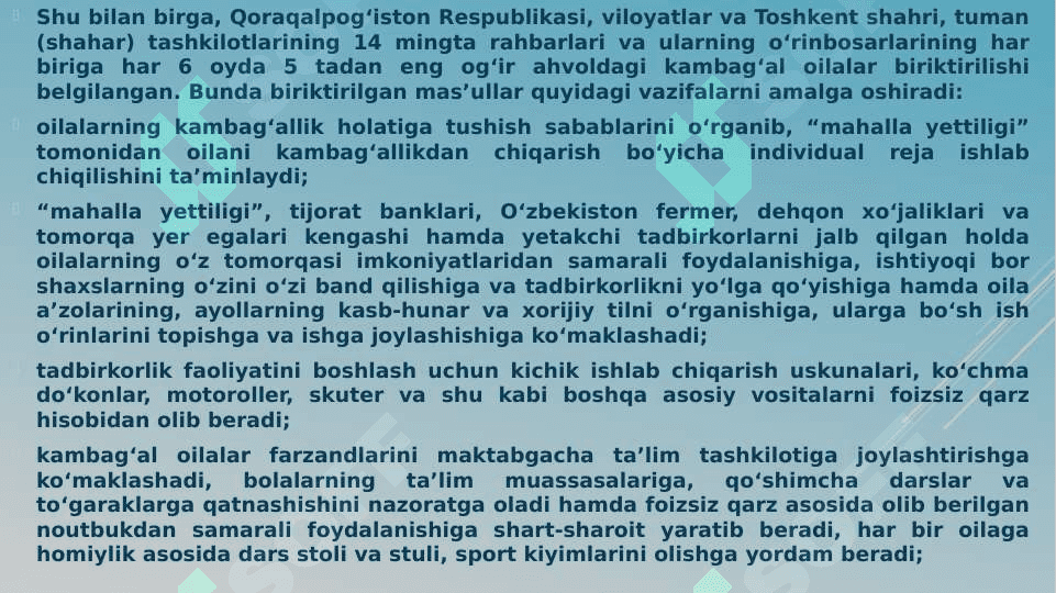 “Kambag‘allikdan farovonlik sari” dasturini amalga oshirish bo‘yicha birinchi navbatdagi chora-tadbirlar to‘g‘risida 3