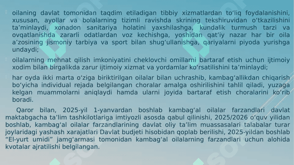 “Kambag‘allikdan farovonlik sari” dasturini amalga oshirish bo‘yicha birinchi navbatdagi chora-tadbirlar to‘g‘risida 4