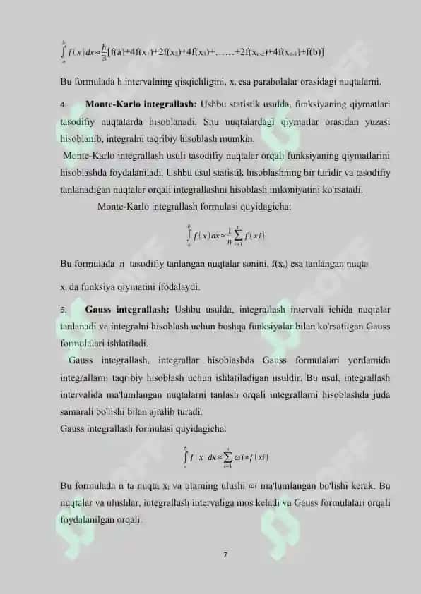 Integrallarni taqribiy hisoblash usullari.  To’gri to’rtburchak, trapetsiya usullari. 7