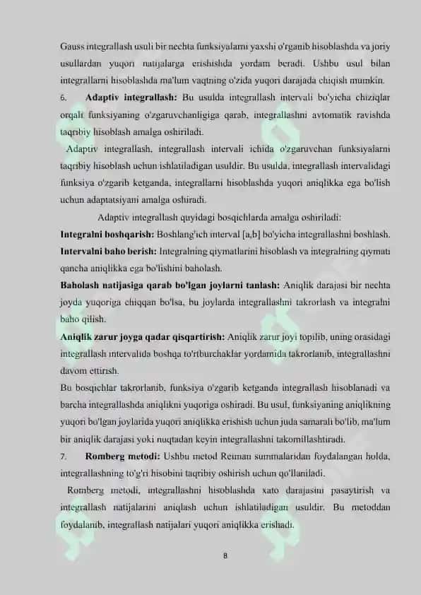 Integrallarni taqribiy hisoblash usullari.  To’gri to’rtburchak, trapetsiya usullari. 8