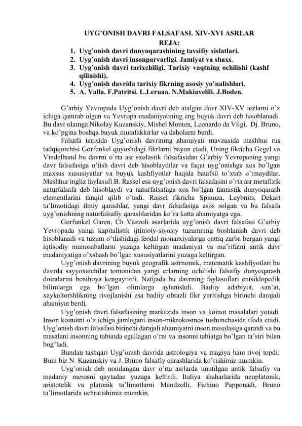 Uyg’onish davrining tarix falsafasi. XIV-XVI