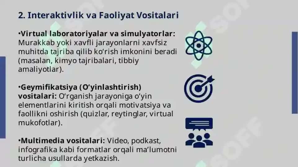 Raqamli pedagogikada metodik vositalar va modellar. Raqamli pedagogikada o‘qituvchining o‘rni va vazifalari. 6