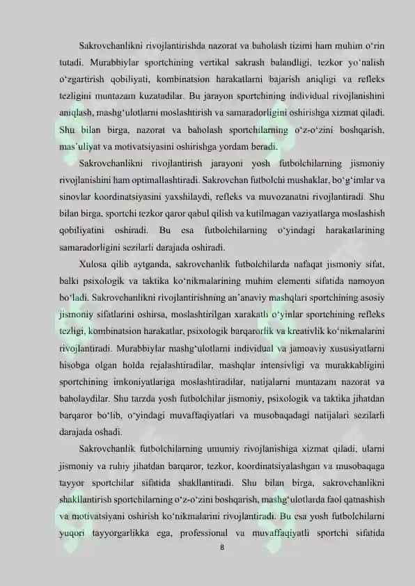 Futbolchilarda sakrovchanlik sifatini moslashtirilgan xarakatli o‘yinlar yordamida shakllantirish 8