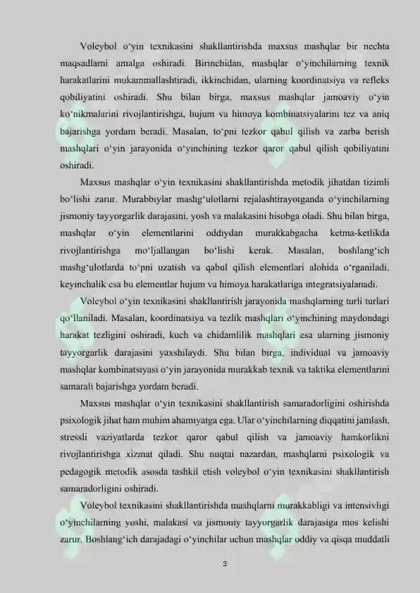 Voleybol o‘yin texnikasini maxsus mashqlar ta’sirida shakllantirish samaradorligini oshirish. 3