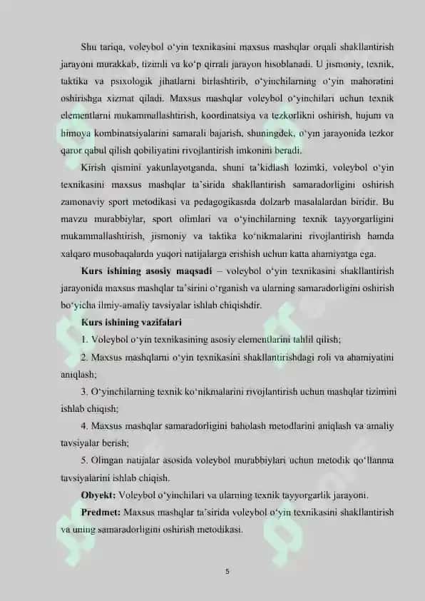 Voleybol o‘yin texnikasini maxsus mashqlar ta’sirida shakllantirish samaradorligini oshirish. 5