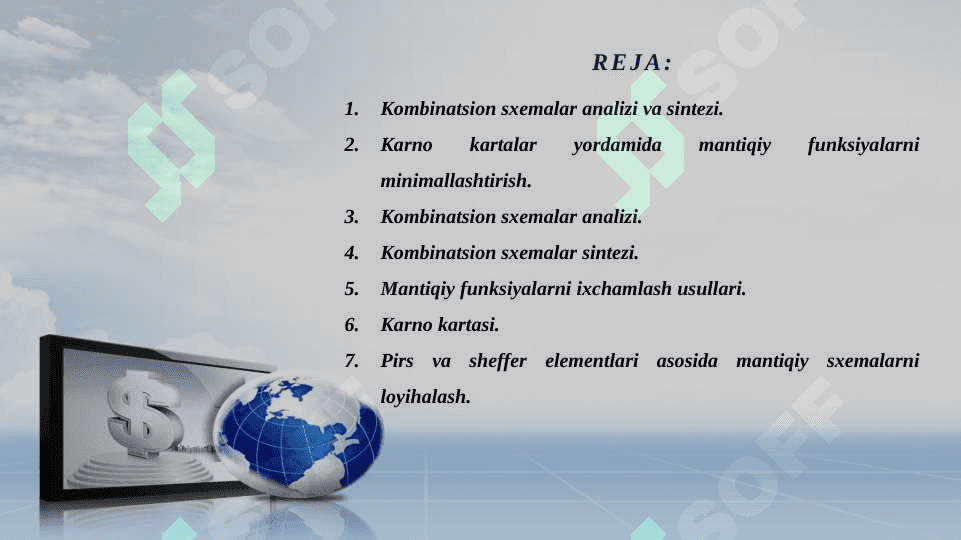KarnoKombinatsion sxemalar analizi va sintezi.  kartalar yordamida mantiqiy funksiyalarni minimallashtirish. Kombinatsion sxemalar analizi. Kombinatsion sxemalar sintezi. Mantiqiy funksiyalarni ixchamlash usullari. Karno kartasi. Pirs va sheffer elementlari asosida mantiqiy sxemalarni loyihalash 2