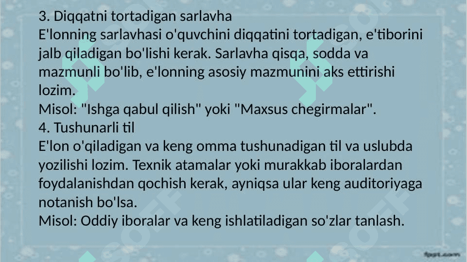 : E`lonlar matniga qo`yiladigan talablar 4