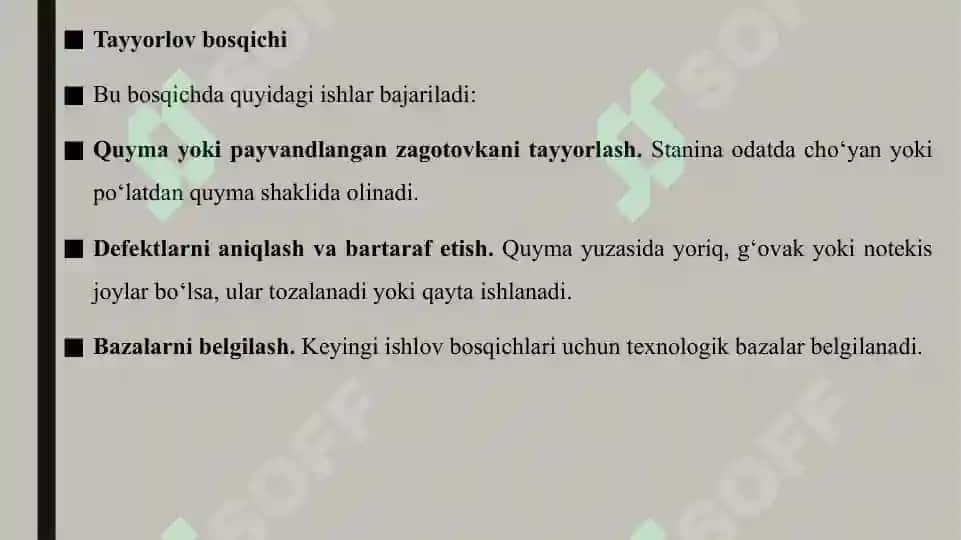 Dastgoh staninalariga mexanik ishlov berish texnologik jarayonlarining bosqichlari. 2 4