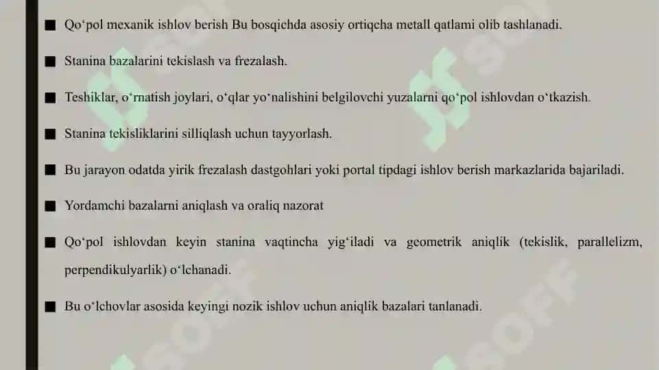 Dastgoh staninalariga mexanik ishlov berish texnologik jarayonlarining bosqichlari. 2 6