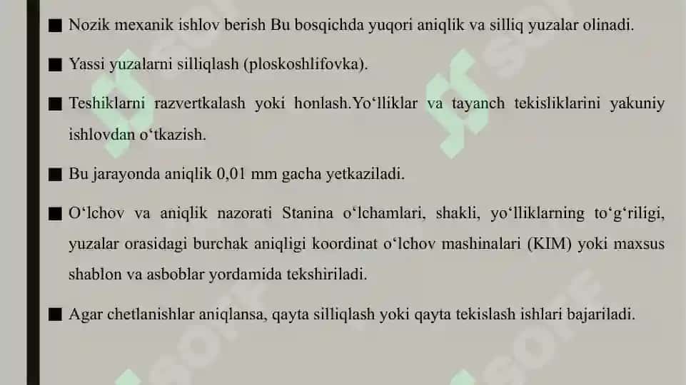 Dastgoh staninalariga mexanik ishlov berish texnologik jarayonlarining bosqichlari. 2 7