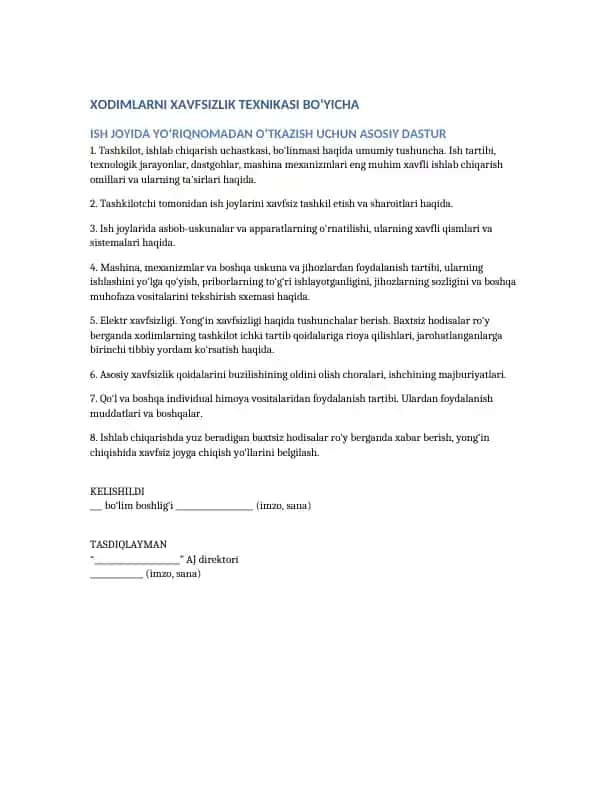 XODIMLARNI XAVFSIZLIK TEXNIKASI BO‘YICHA