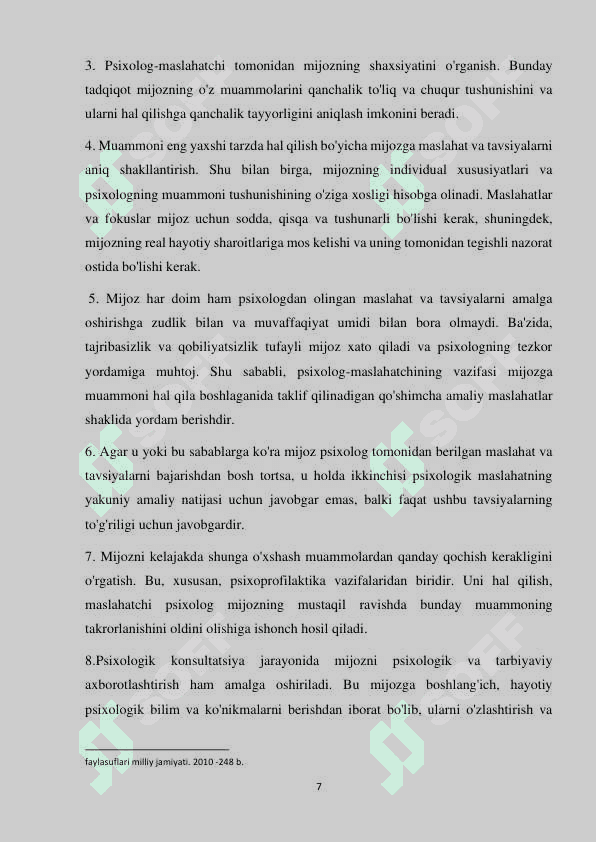 Konsultativ psixologiya psixologik xizmatning yirik yo’nalish psixologik maslahatni tadqiq etuvchi zamonaviy fan yo’nalishi sifatida 7