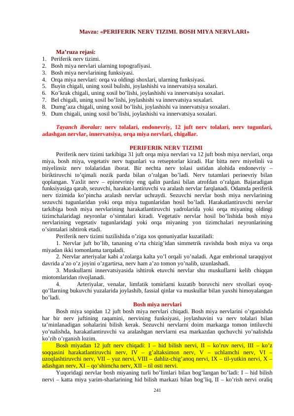 «PERIFERIK NERV TIZIMI. BOSH MIYA NERVLARI»