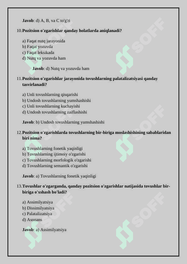 Nutq jarayonida tovushlarning o'zgarish xususiyatlari: pozitsion o'zgarishlar (TEST) 3
