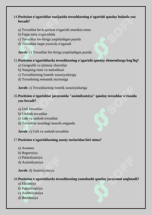 Nutq jarayonida tovushlarning o'zgarish xususiyatlari: pozitsion o'zgarishlar (TEST) 4