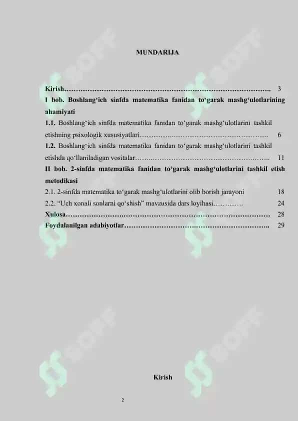 :Boshlangʻich sinfda matematika fanidan toʻgarak mashgʻulotlarini tashkil etish metodikasi.KURS ISHI 2