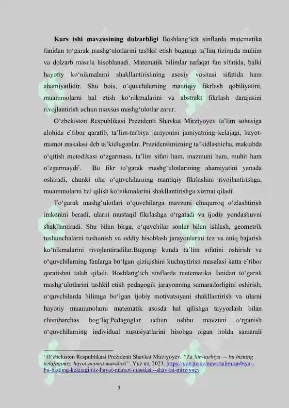 :Boshlangʻich sinfda matematika fanidan toʻgarak mashgʻulotlarini tashkil etish metodikasi.KURS ISHI 3