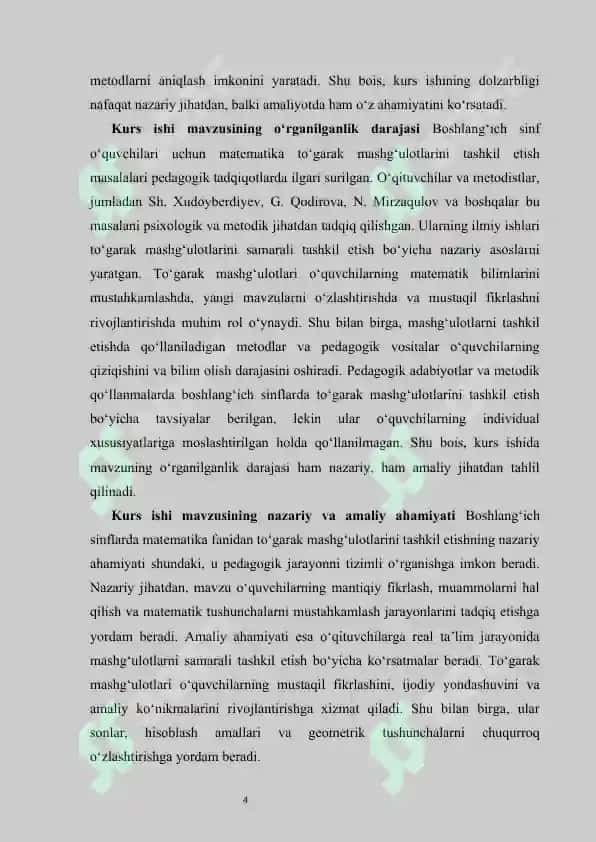 :Boshlangʻich sinfda matematika fanidan toʻgarak mashgʻulotlarini tashkil etish metodikasi.KURS ISHI 4