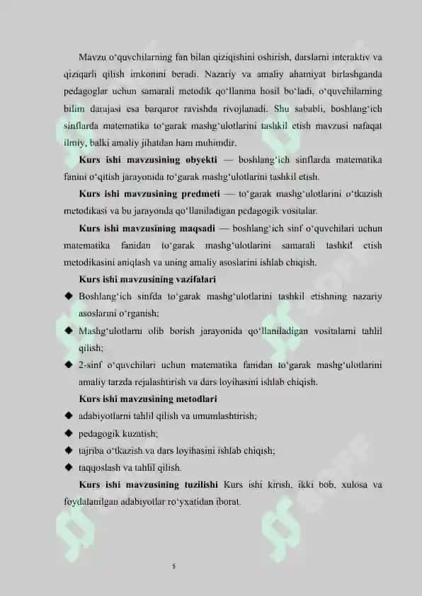 :Boshlangʻich sinfda matematika fanidan toʻgarak mashgʻulotlarini tashkil etish metodikasi.KURS ISHI 5