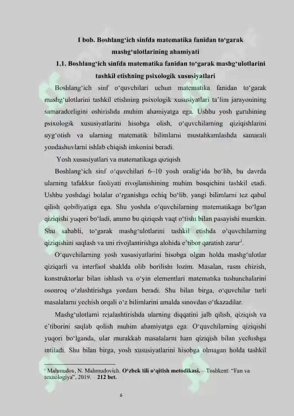 :Boshlangʻich sinfda matematika fanidan toʻgarak mashgʻulotlarini tashkil etish metodikasi.KURS ISHI 6