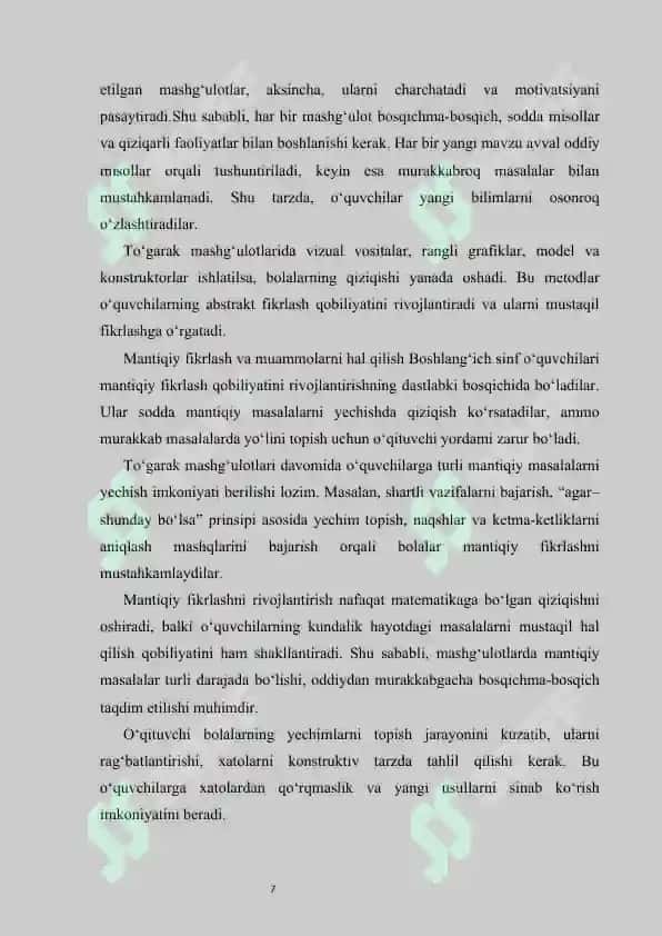 :Boshlangʻich sinfda matematika fanidan toʻgarak mashgʻulotlarini tashkil etish metodikasi.KURS ISHI 7