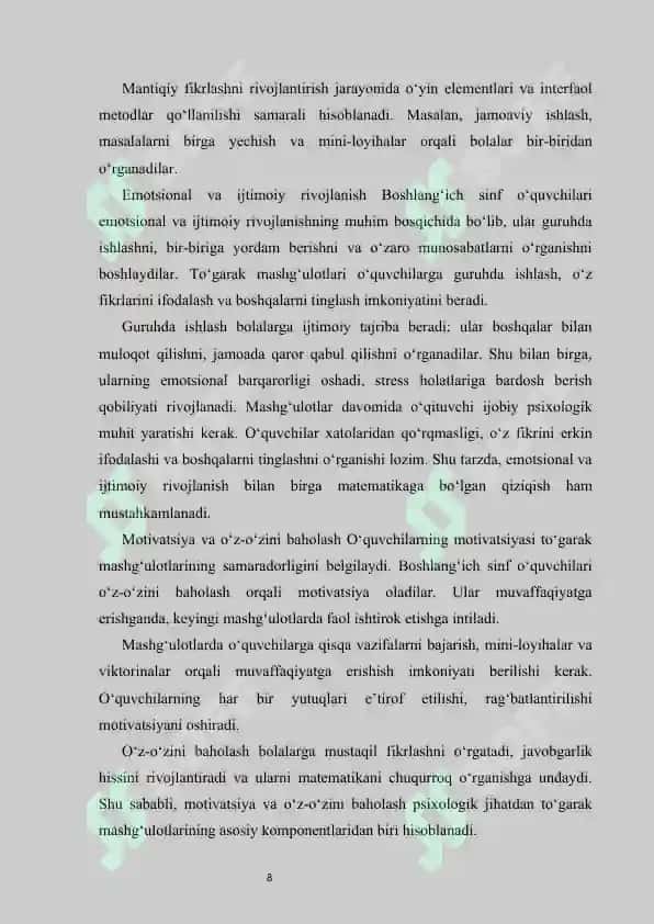 :Boshlangʻich sinfda matematika fanidan toʻgarak mashgʻulotlarini tashkil etish metodikasi.KURS ISHI 8